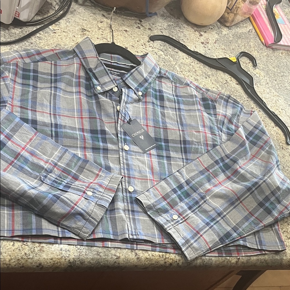 Upcycled reworked Cremieux  Blue and Gray Plaid Men's Shirt has been cropped.Y2K